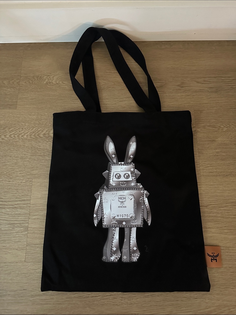 Authentic MCM Black Canvas Tote Bag â Robot Rabbit Graphic